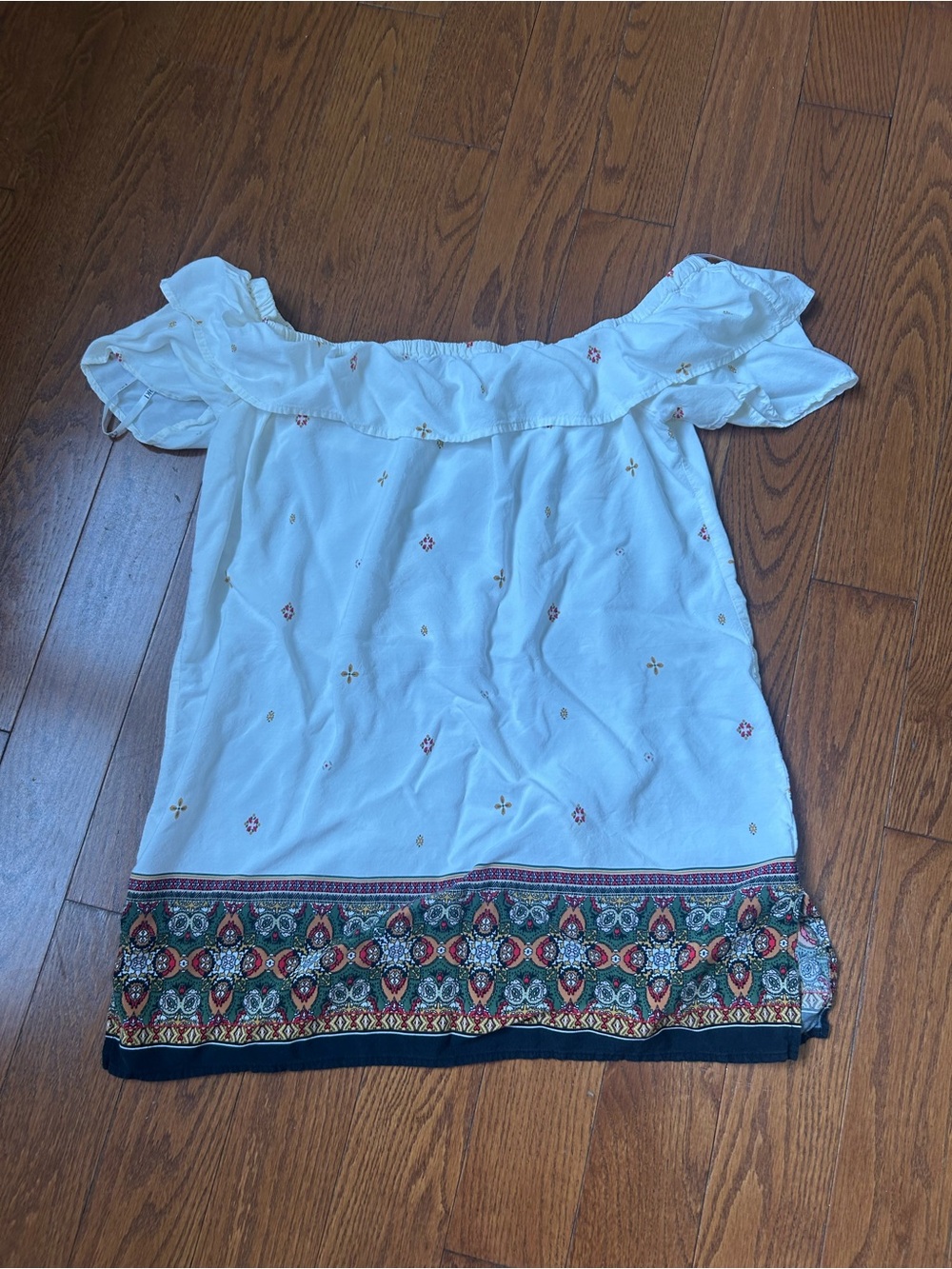 DR2 White Off-Shoulder with Multicolor Hem